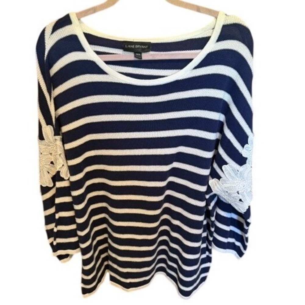 Lane Bryant‎ Navy White Striped Lace Sleeve Sweater Plus Size 18/20 Cotton Knit
